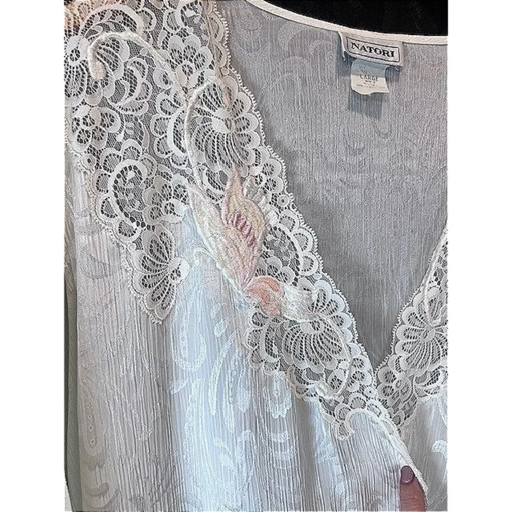 VTG Natori White Satin Jacquard Robe L Lace Embroider Butterfly Bridal Coquette